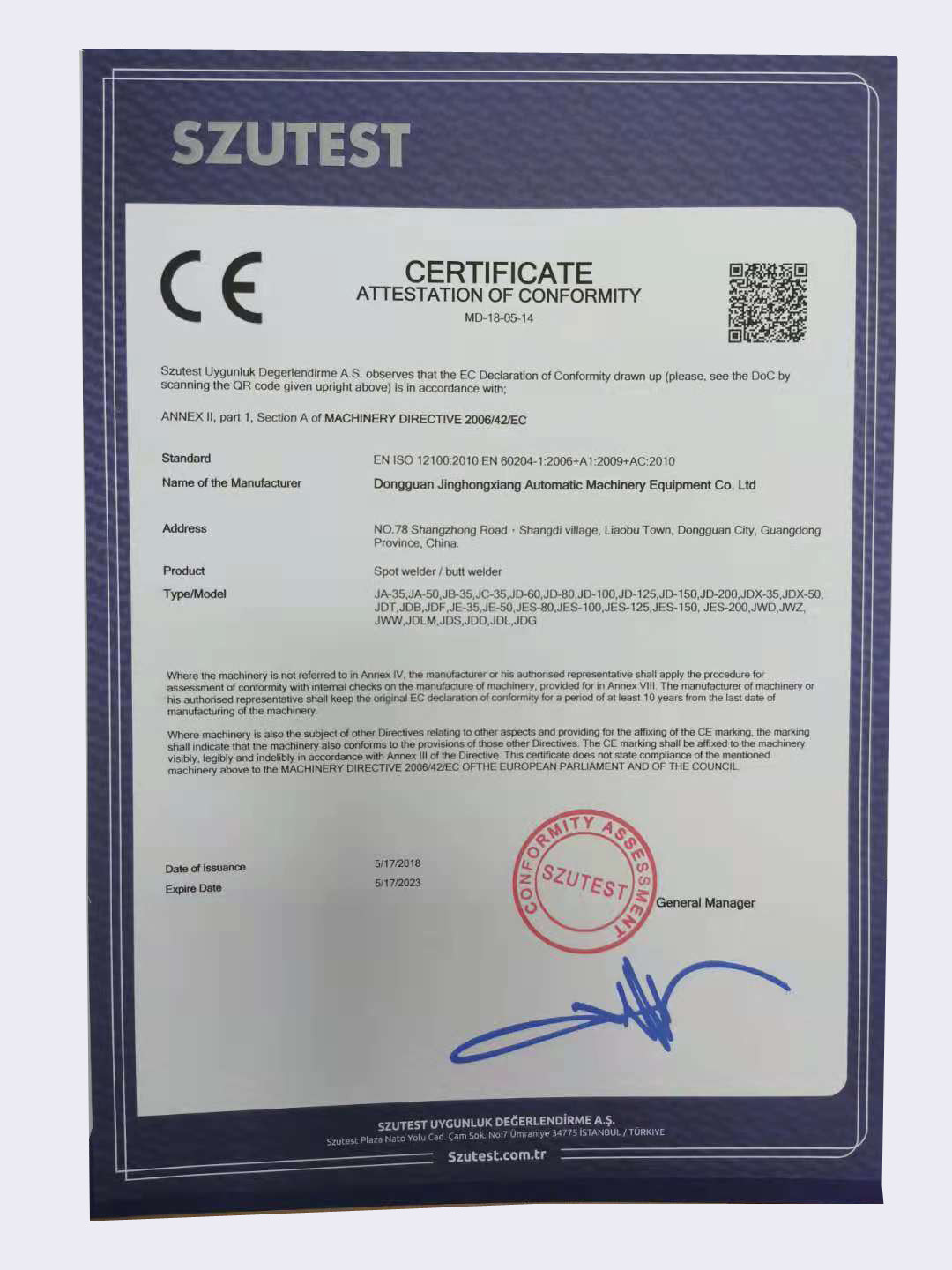 Chiny Dongguan Jinghongxiang Automation Equipment Co., Ltd. Certyfikaty
